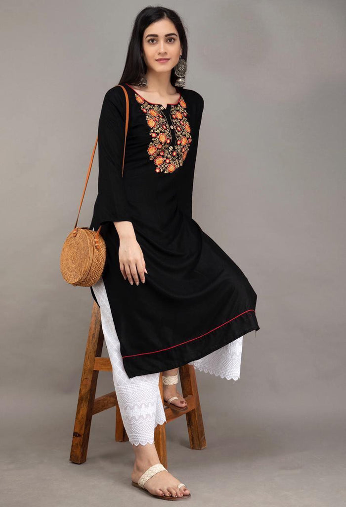 Embroidered Rayon Black Kurti Pant and Dupatta Set – Sukriti Store